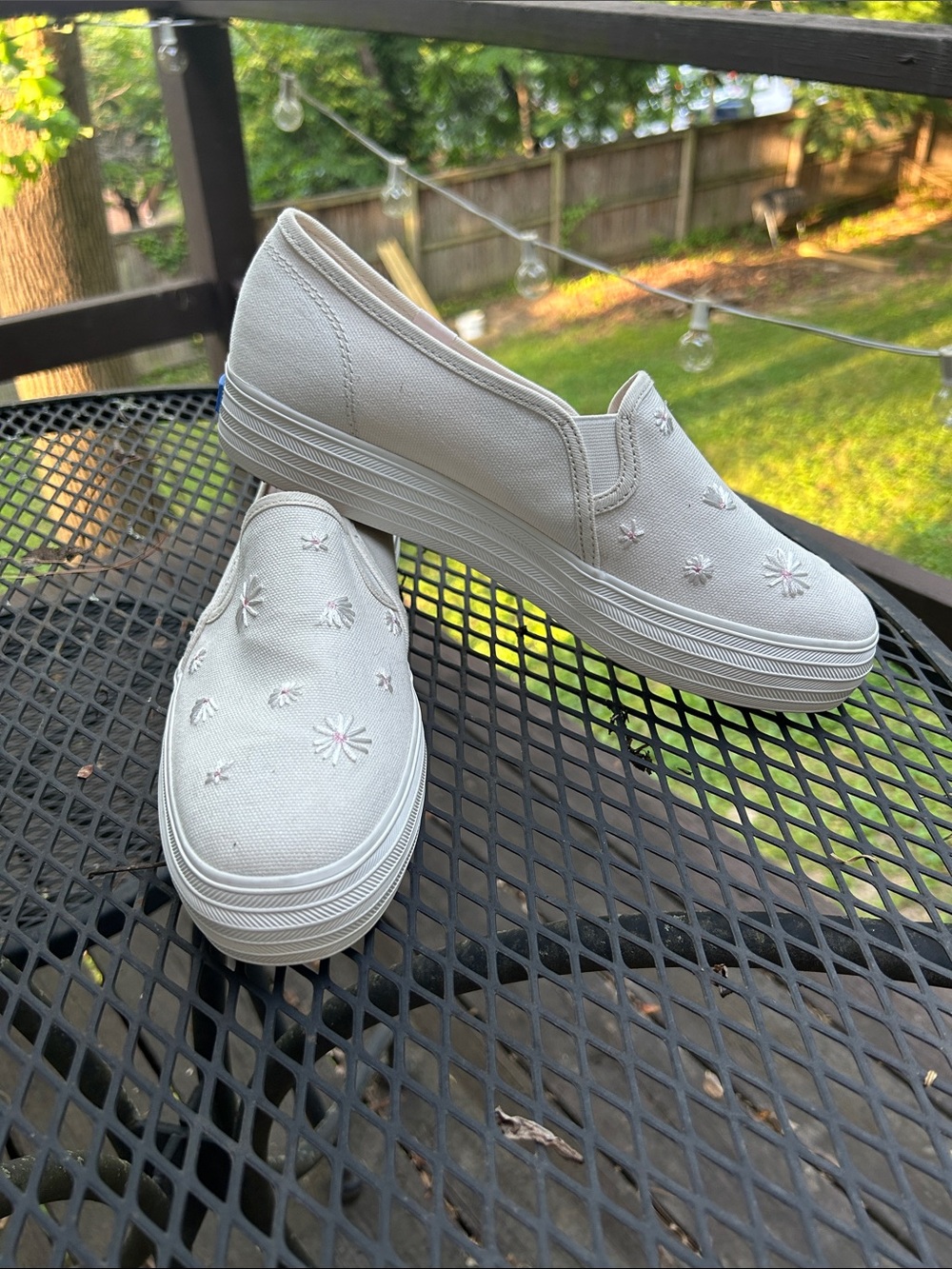Keds Cream Slip-On Platform Sneakers with Subtle Embroidered Flowers